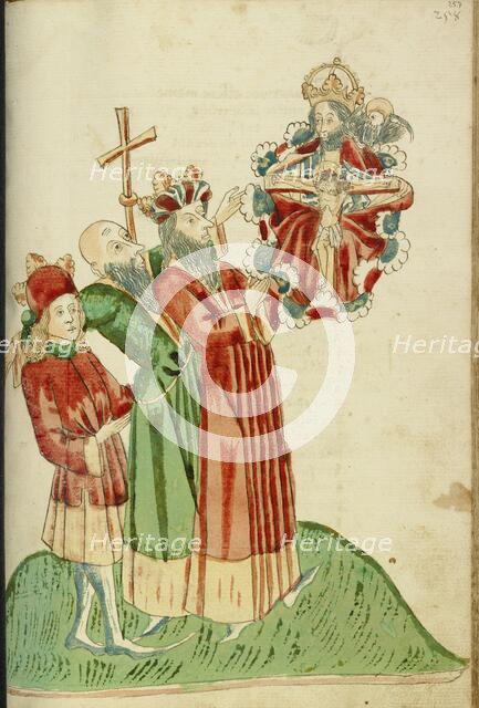King Avenir, Josaphat, and Nachor Behold the Throne of Grace in Heaven; Barlaam und Josaphat, 1469. Creators: Hans Schilling, Diebolt Lauber.