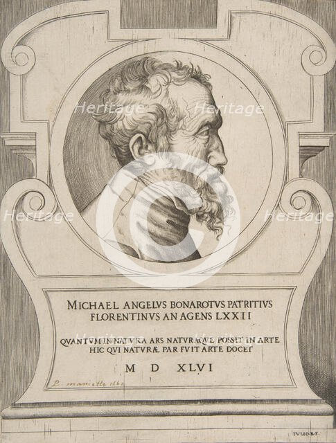 Bust portrait of Michelangelo facing right, set within a cartouche., 1546. Creator: Giulio Bonasone.