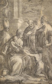 Various Saints Witnessing John the Baptist's Homage to the Infant Christ. Creator: Andrea Schiavone.