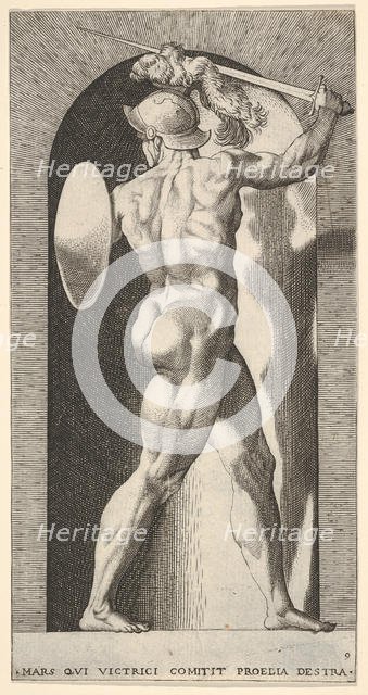 Plate 9: Mars in a niche, holding a sword above his head with his right arm, and a shield ..., 1526. Creator: Giovanni Jacopo Caraglio.