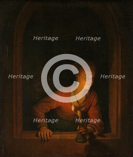Girl with an Oil Lamp at a Window, 1645-1675. Creator: Gerrit Dou.