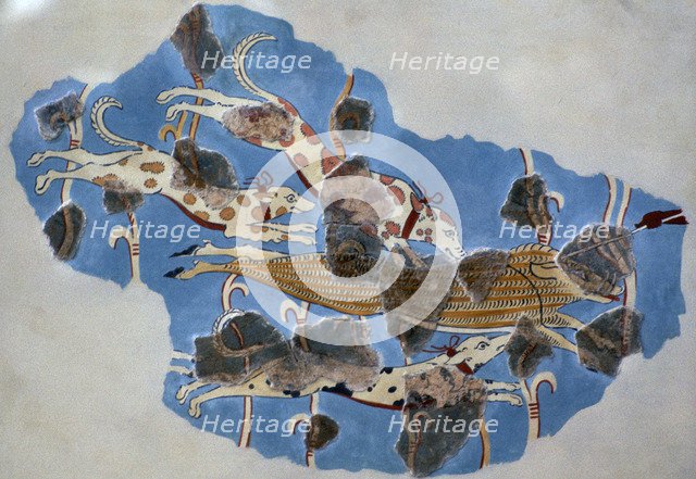 Detail of a Mycenaean fresco showing a wild boar hunt. Artist: Unknown