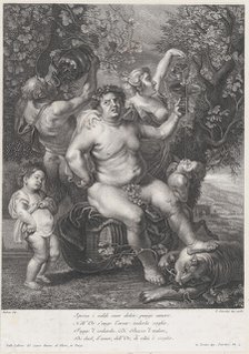 Bacchus seated on a barrel in front of grapevines, with bacchantes, satyrs, and children s..., 1758. Creator: Pietro Peiroleri.