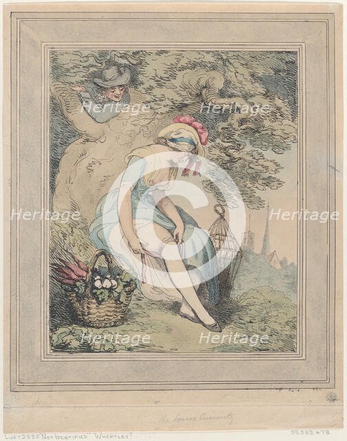 Girl with a Basket and Birdcage Adjusting Her Garter, 1785-95., 1785-95. Creator: Thomas Rowlandson.