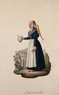 A nun wearing her habit holding a jug in the grounds of her convent. Creator: Unknown.