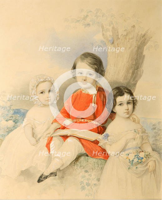 Children in a landscape, 1840s. Creator: Hau (Gau), Vladimir Ivanovich (1816-1895).