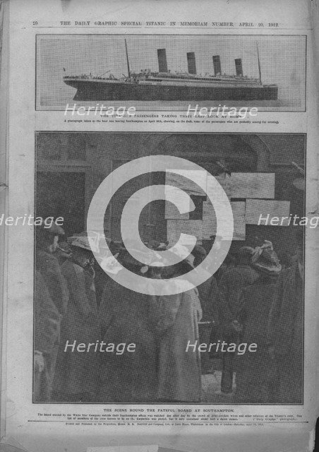 'Last Look at Home', and 'The Fateful Board at Southampton', April 20, 1912. Creator: Unknown.