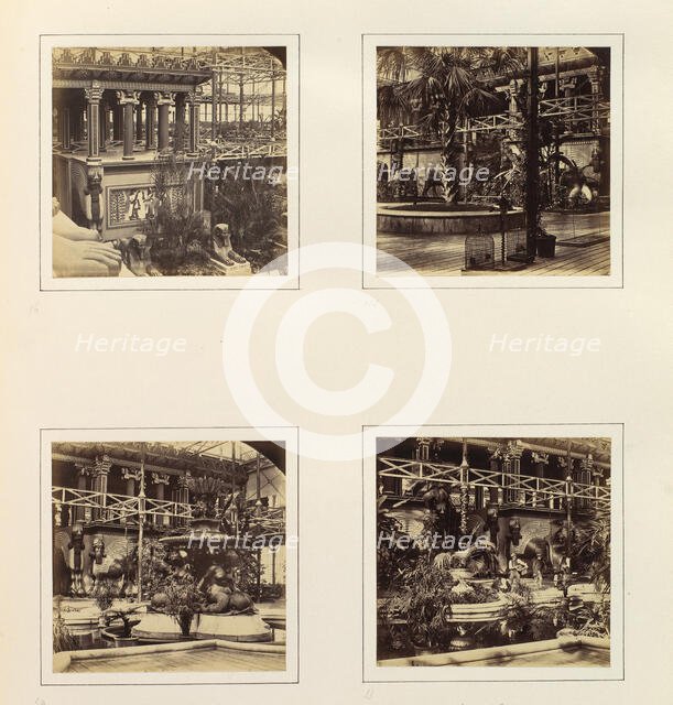 [Elevated View of Egyptian Court; Ninevah Court; Monti's Fountain, and Nineveh Court; ..., ca. 1859. Creator: Attributed to Philip Henry Delamotte.