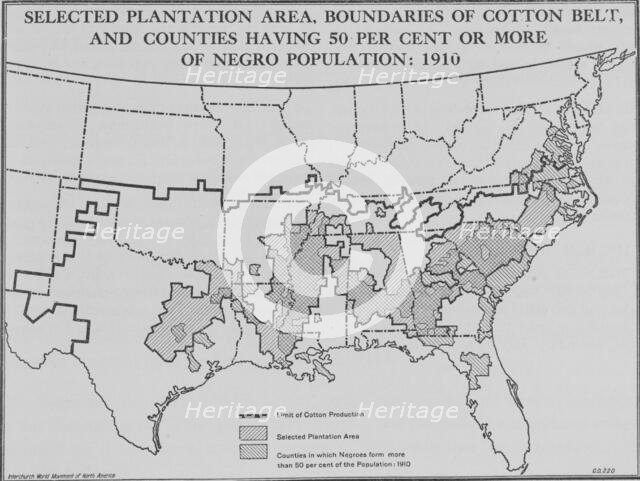 Selected plantation area, boundaries of cotton belt, and counties having 50 per cent.... 1910, 1920. Creator: Unknown.