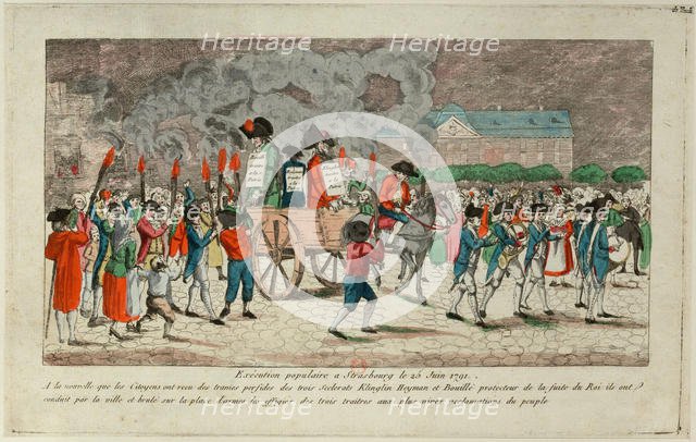Effigy Burning of  Klinglin, Heymann and Bouille on Juny 25, 1791 in  Strasbourg, 1791. Creator: Anonymous.