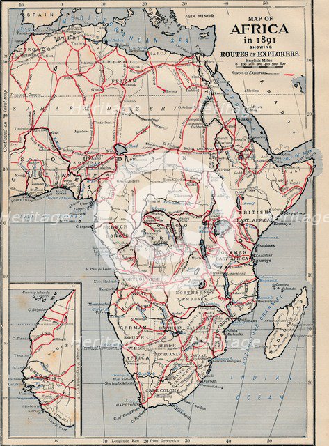 'Map of Africa in 1891 showing Routes of Explorers'. Artist: Unknown.