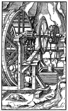 Pump powered by men in a treadmill, 1556. Artist: Unknown