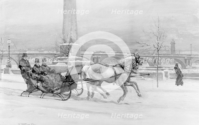 The Late Frost - The Prince of Wales sleighing on the Thames Embankment, London, c1900. Artist: Unknown
