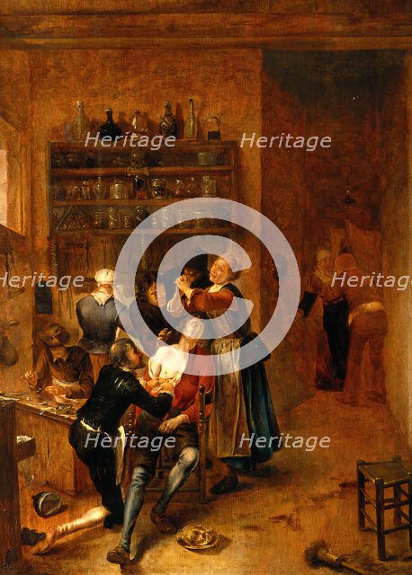 Interior with a surgeon attending to a chest wound, c1670s. Creator: Gerrit Lundens.