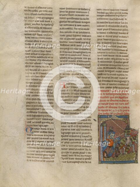 Tristan and Pelinor Departing on Horseback, about 1320-1340. Creator: Jeanne de Montbaston.