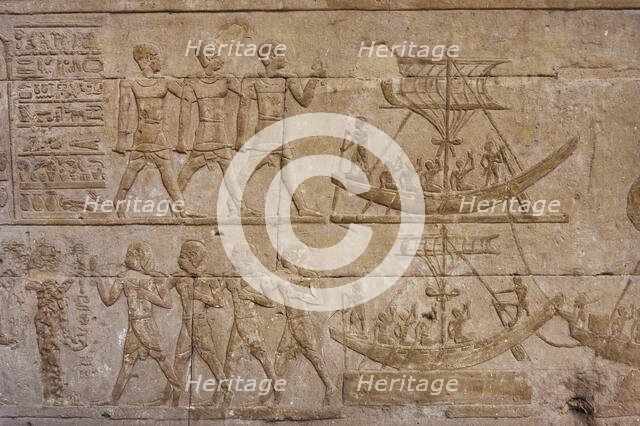 Reliefs depicting Egyptians and boats, Temple of Edfu, Egypt, Ptolemaic period, 237-57 BC (2003).  Creator: LTL.