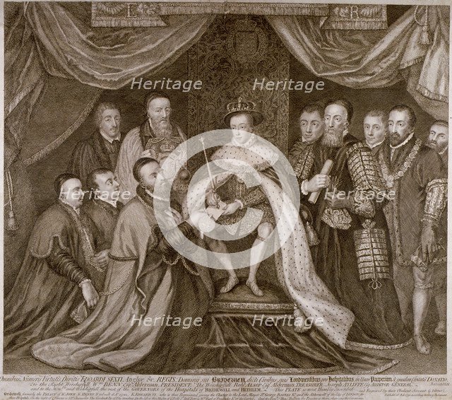 Edward VI signing a charter giving Bridewell to the City of London for a workhouse, 1552 (1750). Artist: George Vertue