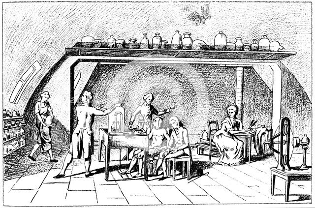 Antoine Laurent Lavoisier, 18th century French chemist, investigating respiration. Artist: Unknown