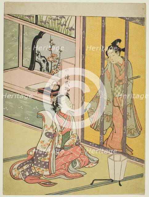 Young Man and Woman Talking through a Bamboo Blind, c. 1768. Creator: Suzuki Harunobu.