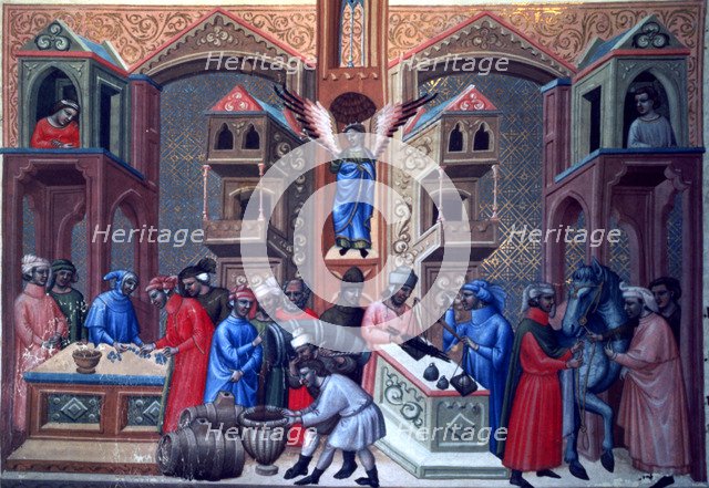 Initial page with different scenes. Miniature in 'Códice Justiniano Institutiones Feudorum et Ali…