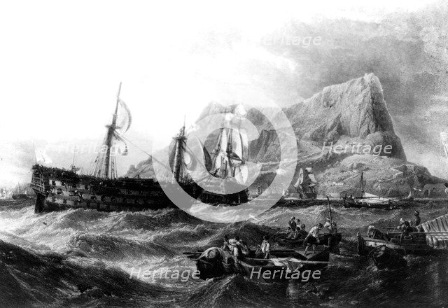 HMS Victory towed back to Gibraltar, 1805, 19th century. Artist: Unknown