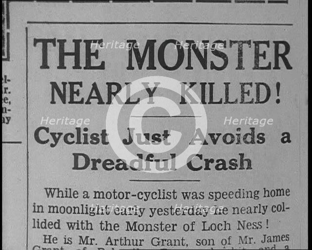 Newspaper with Headline Reading: 'The Monster Nearly Killed! - Cyclist Just Avoids a Dread..., 1933. Creator: British Pathe Ltd.