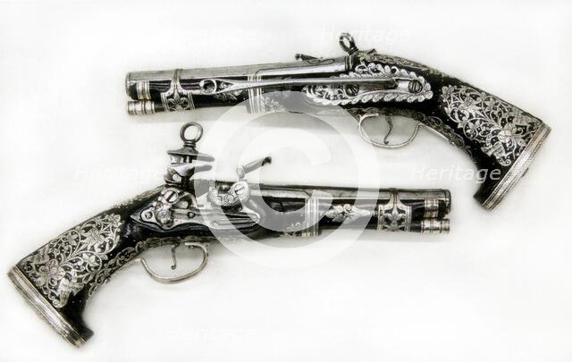 Pair of Miquelet Pistols, Colonial Spanish, probably Mexico, dated 1757. Creator: Francisco Pintan.