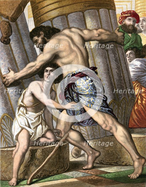 Samson pulling down the Temple of Dagon, god of the Philistines, mid 19th century. Artist: Unknown