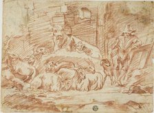 Stable Interior: Herder Resting with Sheep, Cow, Goats and Dog, n.d. Creator: Andrea de Leone.