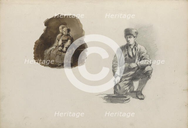 Kneeling man and a mother and daughter in an interior, 1837-1881. Creator: Johannes van Hove.