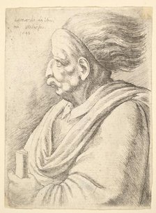 Man with caricatured features and hair streaming behind, in half-length to left, 1648. Creator: Wenceslaus Hollar.