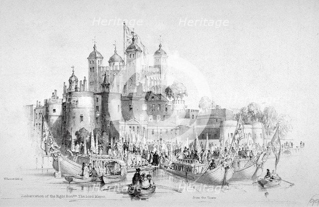 Lord Mayor Thomas Johnson and his entourage embarking from the Tower of London, 1840. Artist: William Parrott