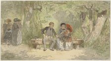 Man, wife and child on a bench in the park, 1863. Creator: Diederik Franciscus Jamin.