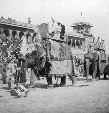 An elephant procession passing Jumma Masjid, Delhi, India, 1900s.Artist: H Hands & Son