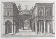 A street with buildings, colonnades and an arch, 1475-1510. Creator: School of Donato d'Agnolo Bramante.