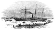 Navigation of the Elbe - the Steamer "Pollux" cutting through the ice at Altona, 1856.  Creator: Unknown.