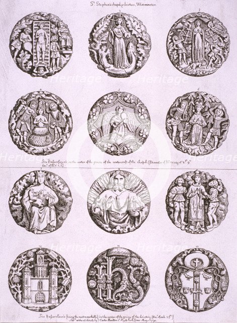 Six bosses on the vaulting of the undercroft and cloisters of St Stephen's Chapel, 1790. Artist: Anon