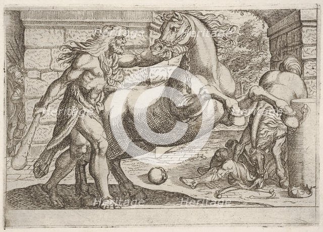 Hercules and the Mares of Diomedes: Hercules grasps the bridle of a rearing horse, a secon..., 1608. Creator: Antonio Tempesta.