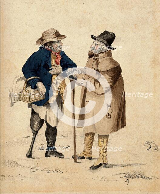 Two old men in conversation: the man on the left holding a basket has a wooden leg, the... Creator: Unknown.