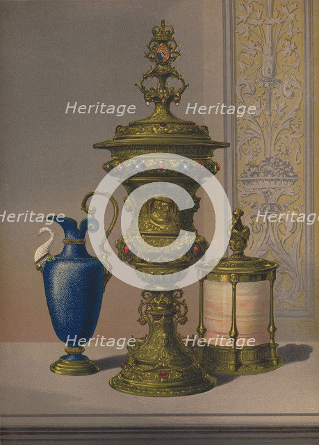 'Silver Gilt & Jewelled Vase, Porcelain Vase, Cigar Casket', 1863. Artist: Robert Dudley.