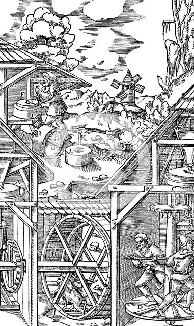 Crushing gold bearing ores in mills similar in principle to flour mills, 1556. Artist: Unknown