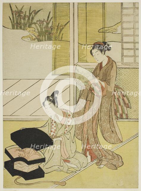 A Fan Peddler Showing his Wares to a Young Woman, c. 1765/70. Creator: Suzuki Harunobu.