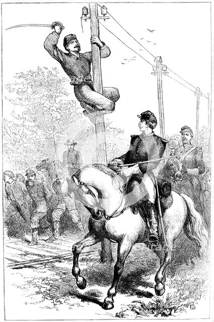 Stuart's cavalry cutting telegraph wires, American Civil War, c1861-1864 (c1880). Artist: Unknown
