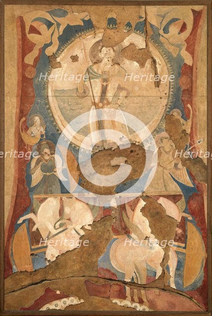 Sun god Surya on his chariot. Copy of a painted mural inside the niche of a Bamiyan Buddha..., 1935. Creator: Carl, Jean (1900-1941).