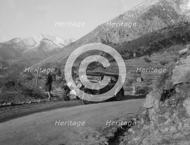 Talbot 14/45 4-door saloon of Kitty Brunell competing in the Monte Carlo Rally, Monaco, 1930. Artist: Bill Brunell.