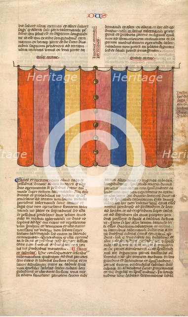 Curtain of the Tabernacle, one of six illustrated leaves from the Postilla Litteralis..., ca. 1360-1 Creator: Nicholas of Lyra.