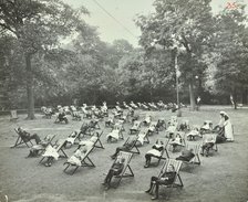 Children resting in deck chairs, Bostall Woods Open Air School, London, 1907.  Artist: Unknown.