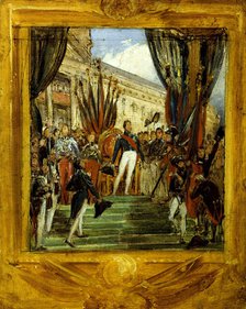 Louis-Philippe distribuant les drapeaux à la garde nationale de Paris et de la banlieue..., c1834. Creator: Joseph-Desire Court.