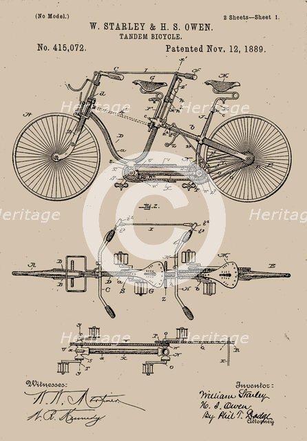Tandem Bicycle 1889 Patent, 1889. Creator: W. Starley & H. S. Owen.