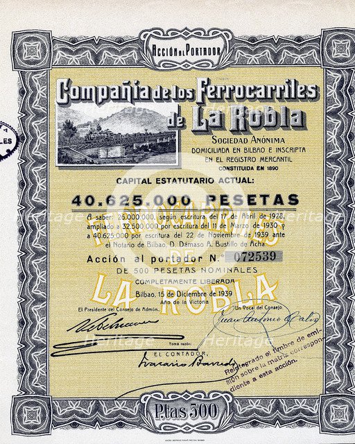 Action of 500 pesetas of the Compañía de los Ferrocarriles de la Robla, S.A., Bilbao, December 15…
